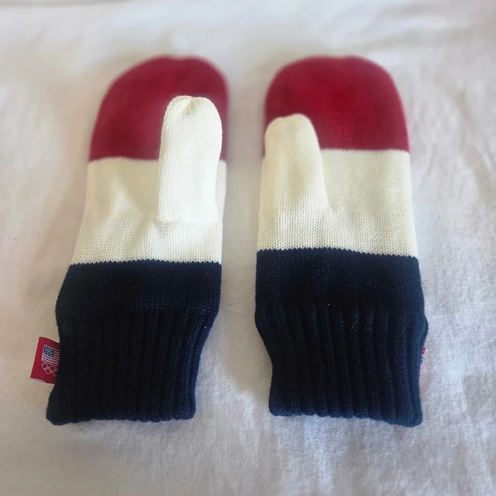 Team USA Olympic Mittens Red White Blue Knit Winter Gloves Patriotic Olympics